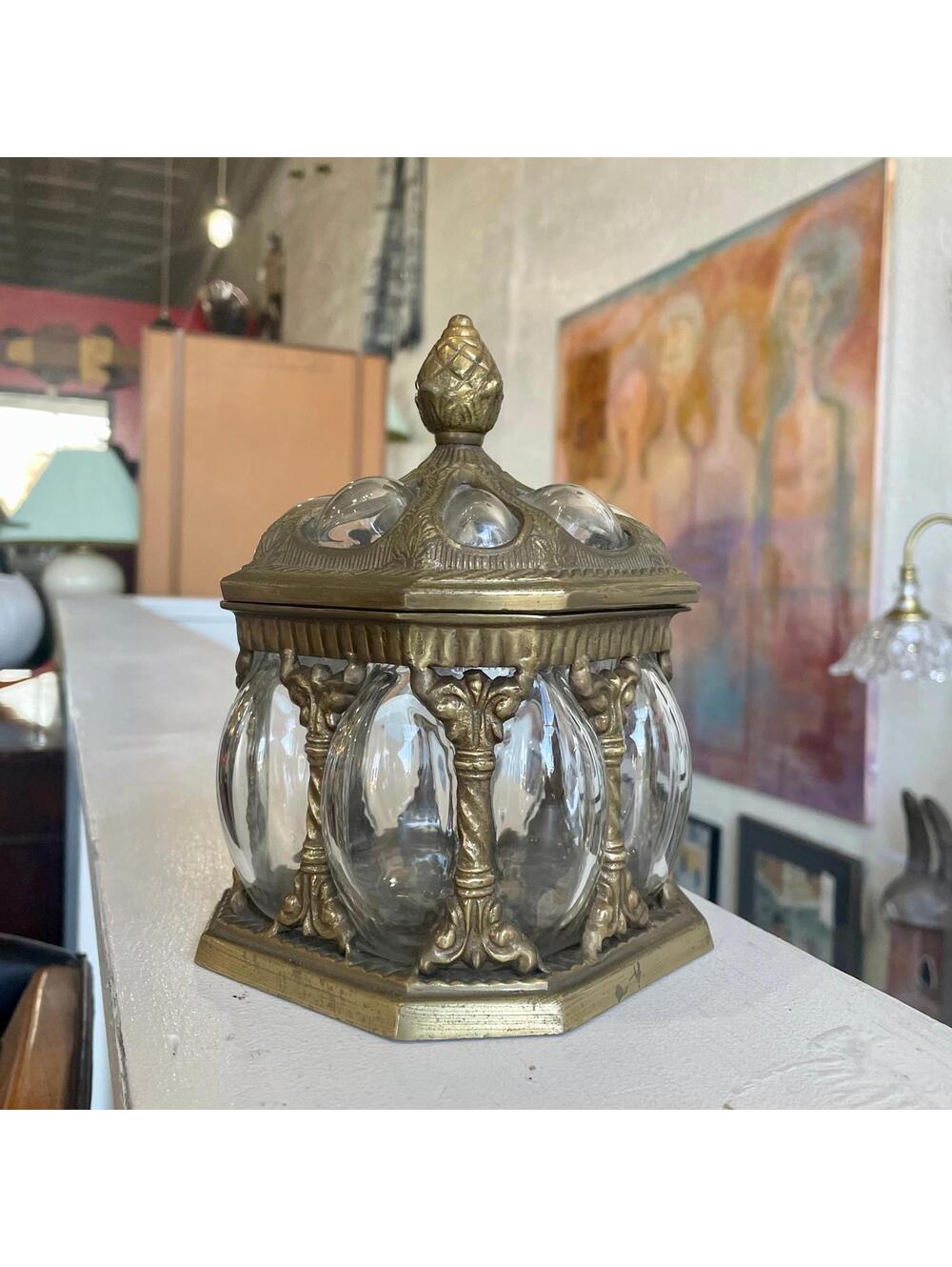 Brass & Blown Bubble Glass Covered Apothecary/Trinket Jar w/ Lid